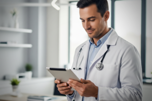 Image of Male Doctor looking at tablet with text that says, “BLOG: The Hospital Digital Trust Stack, Explained”